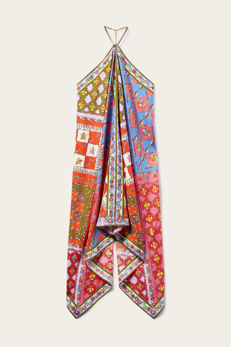 Asymmetric Printed Open-Back Midi Dress