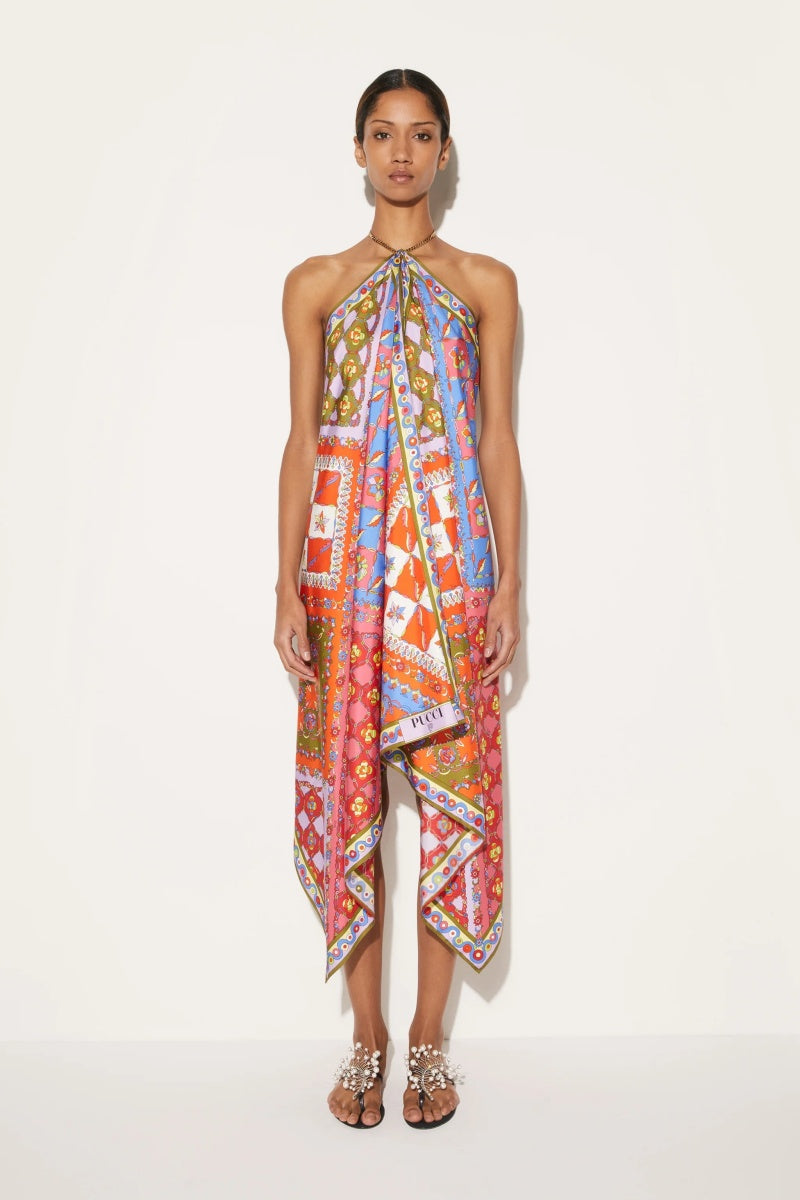 Asymmetric Printed Open-Back Midi Dress