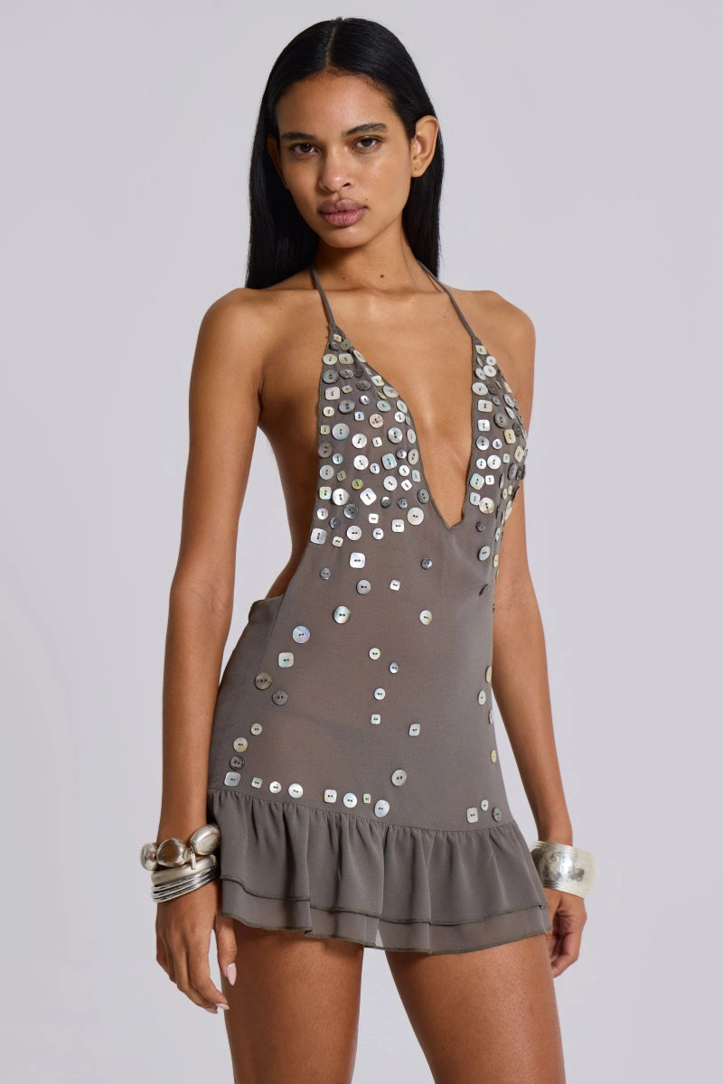 Halter Neck Beaded Sequin Mini Dress