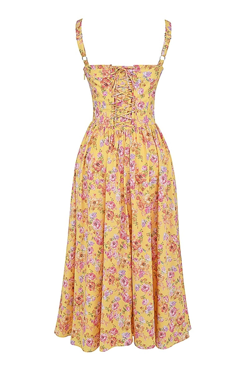 Tatiana Yellow Floral Print Midi Dress