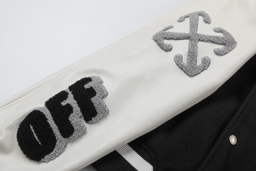 Off-White 2024 Fall/Winter new heavy embroidery patchwork leather varsity jacket in black, unisex