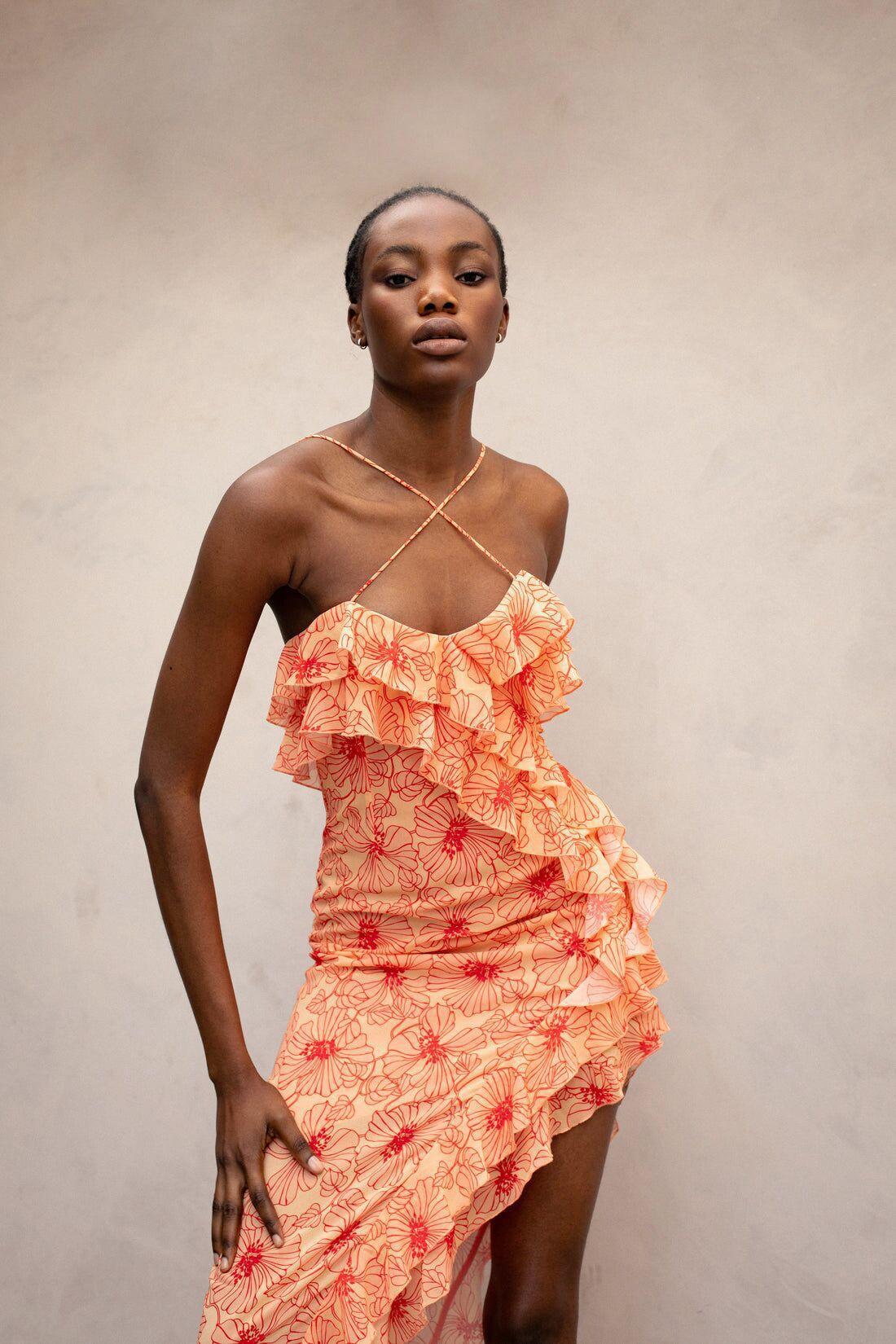 Romantic Ruffled Floral Slit Midi Dress