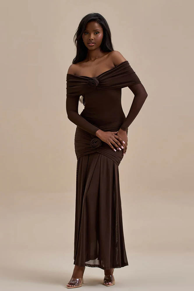 Off-Shoulder 3D Floral Bodycon Maxi Dress