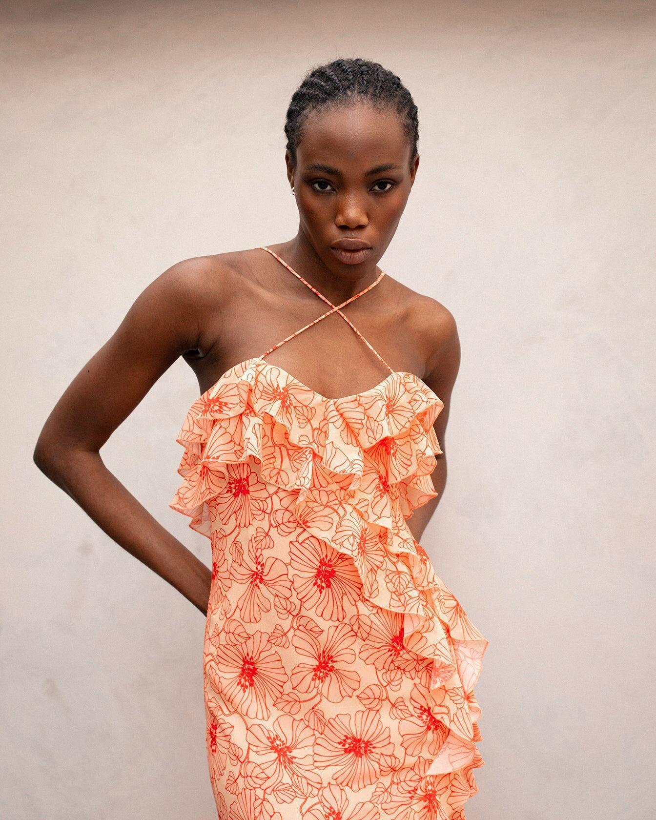 Romantic Ruffled Floral Slit Midi Dress