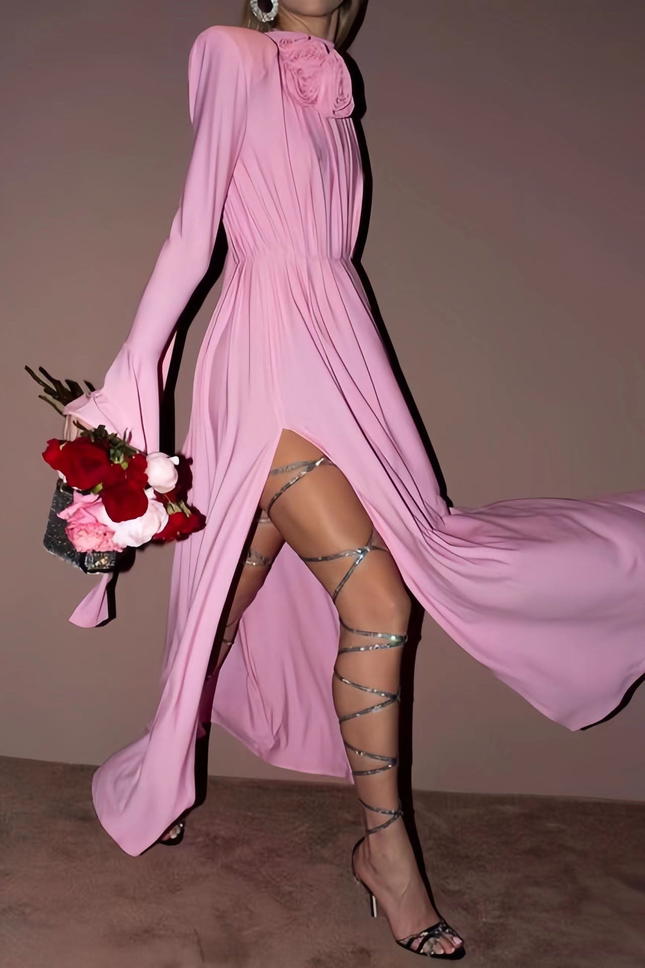 Luxury Vintage Cut-Out Deep V Halter 3D Floral Maxi Dress