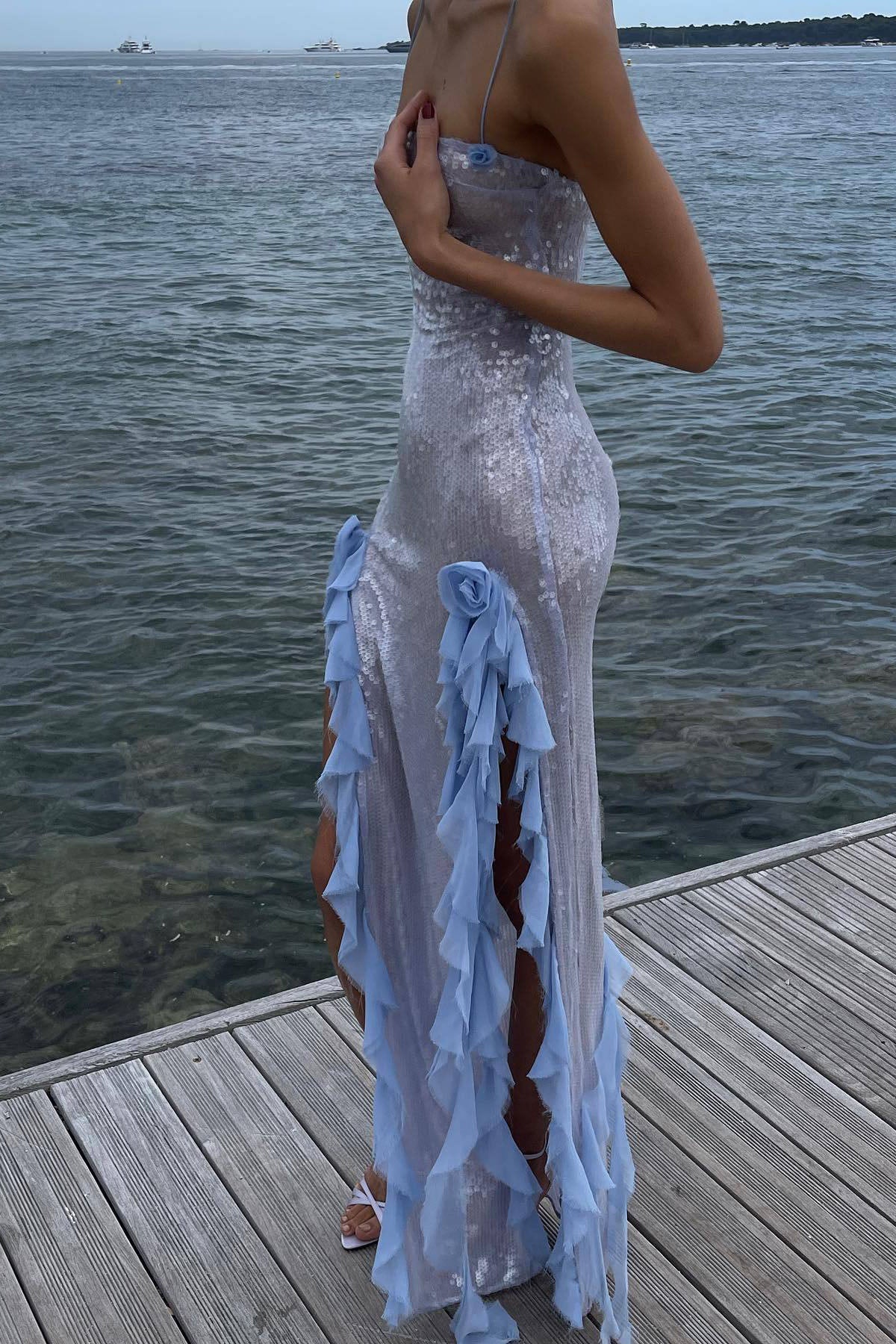 Sequin Sheer Side Slit Spaghetti Midi Dress