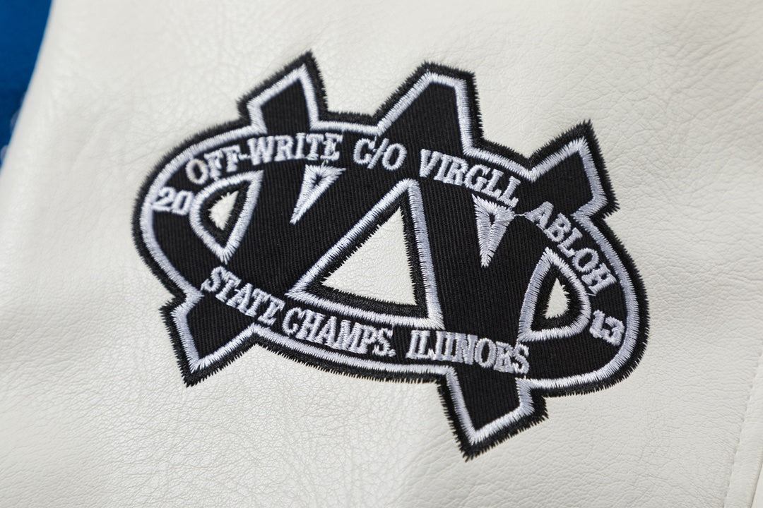 Off-White 2024 Fall/Winter new heavy embroidery rhinestone patchwork leather varsity jacket in blue, unisex