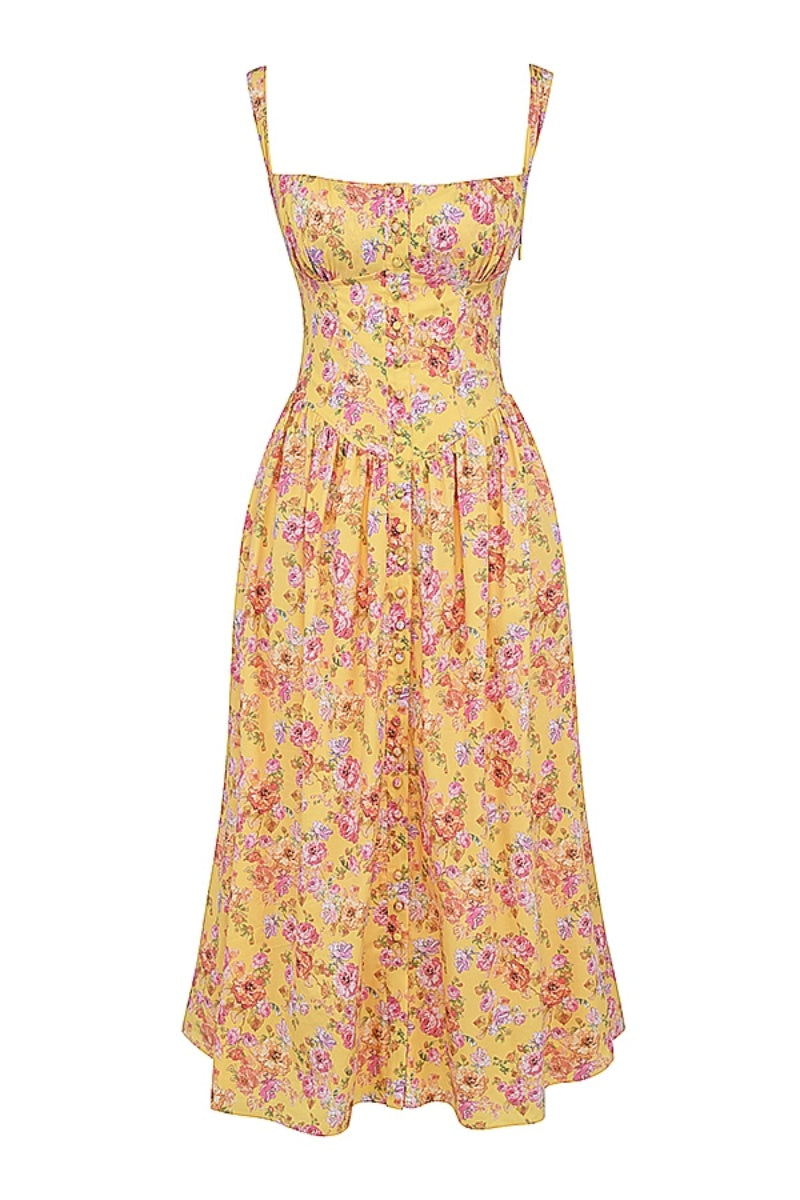 Tatiana Yellow Floral Print Midi Dress
