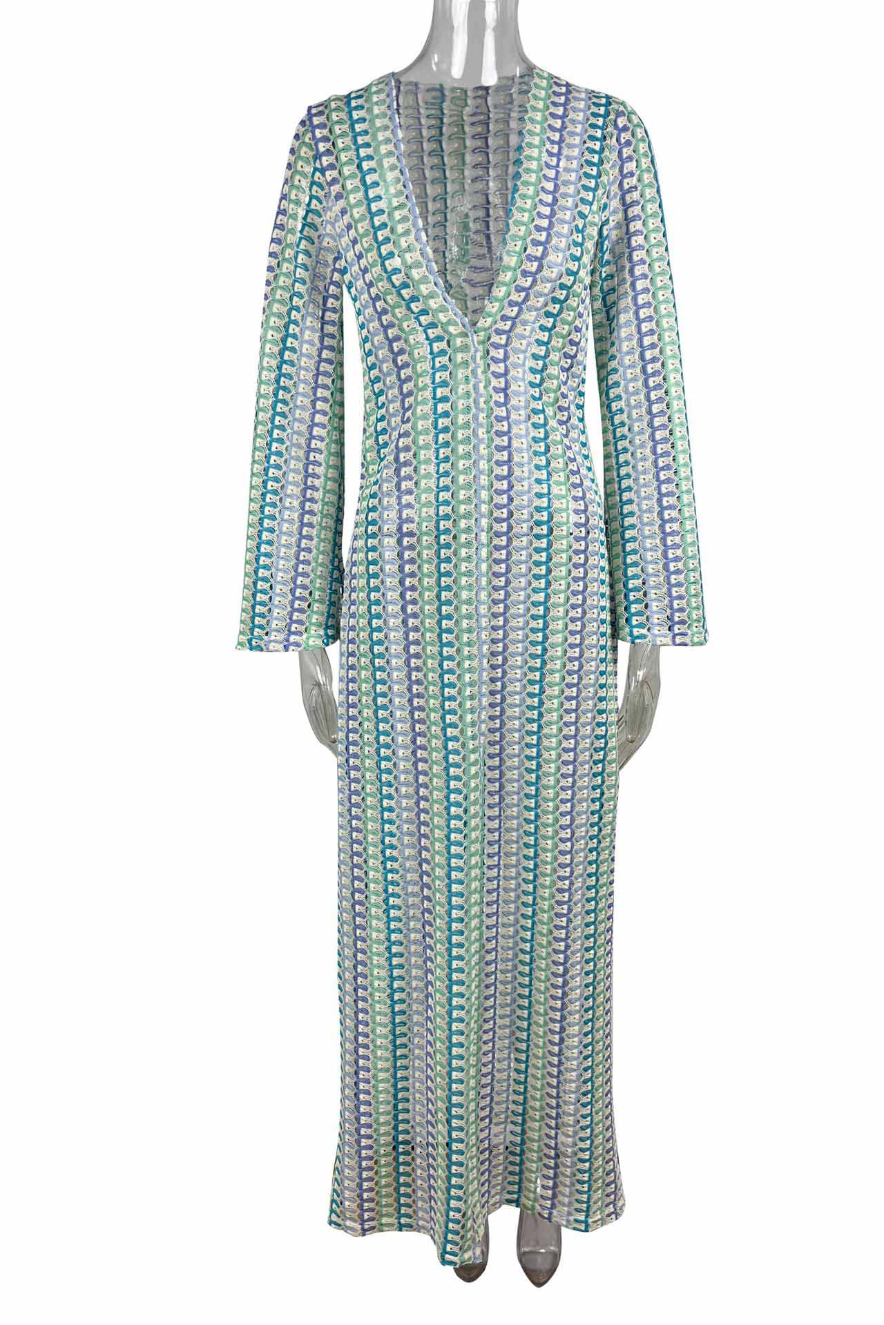 Boho V Neck Bell Sleeve Wavy Striped Crochet Beach Vacation Maxi Dress