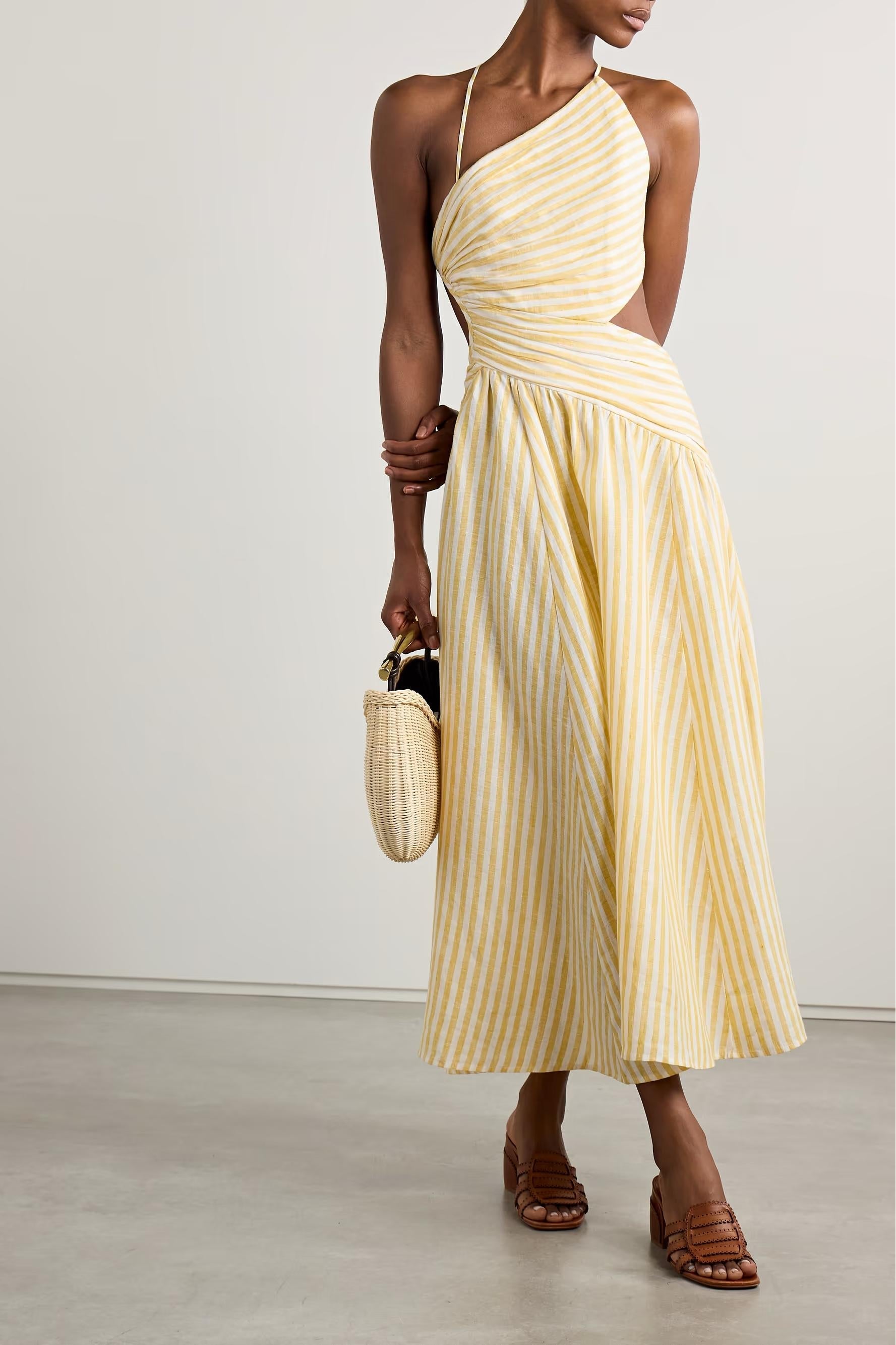 Cascadian Cutout Ruched Striped Midi Dress