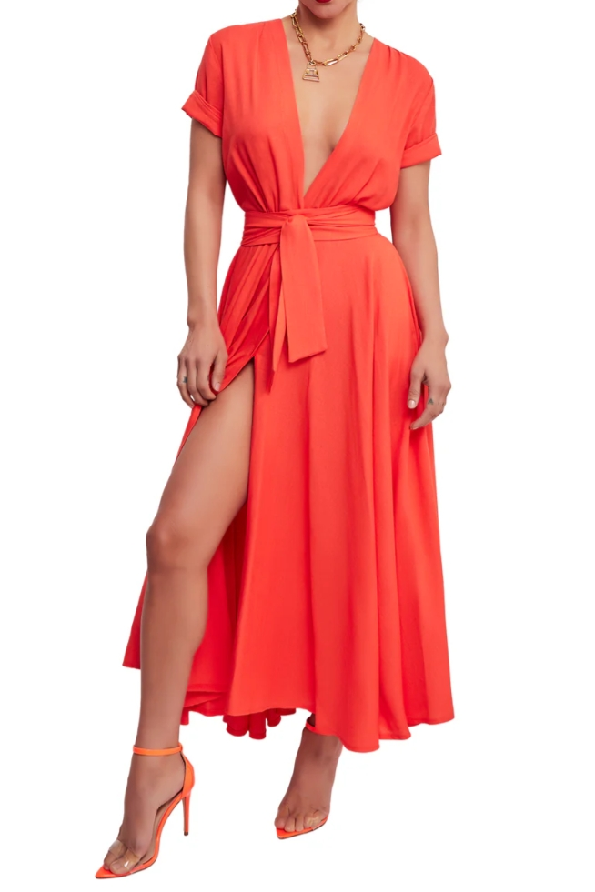 Orange Deep V Neck Button Maxi Dress