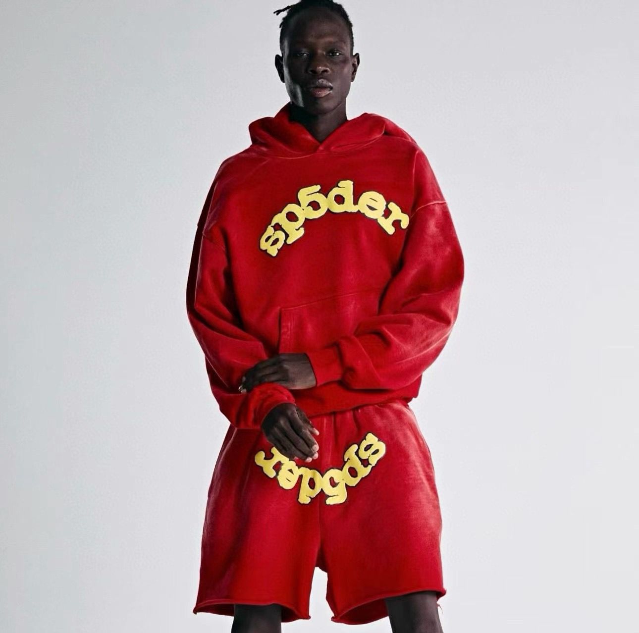 1:1 washing red puff logo hoodie short