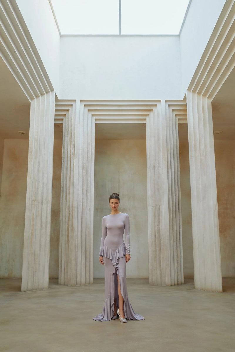 Xenia Purple Ruffle Detail Maxi Dress