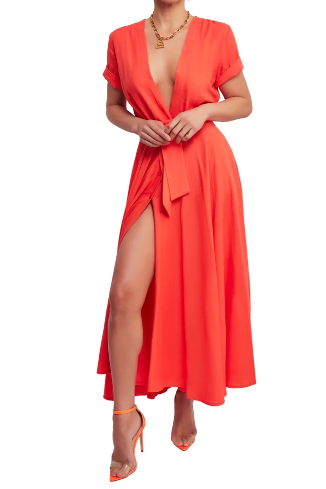 Orange Deep V Neck Button Maxi Dress