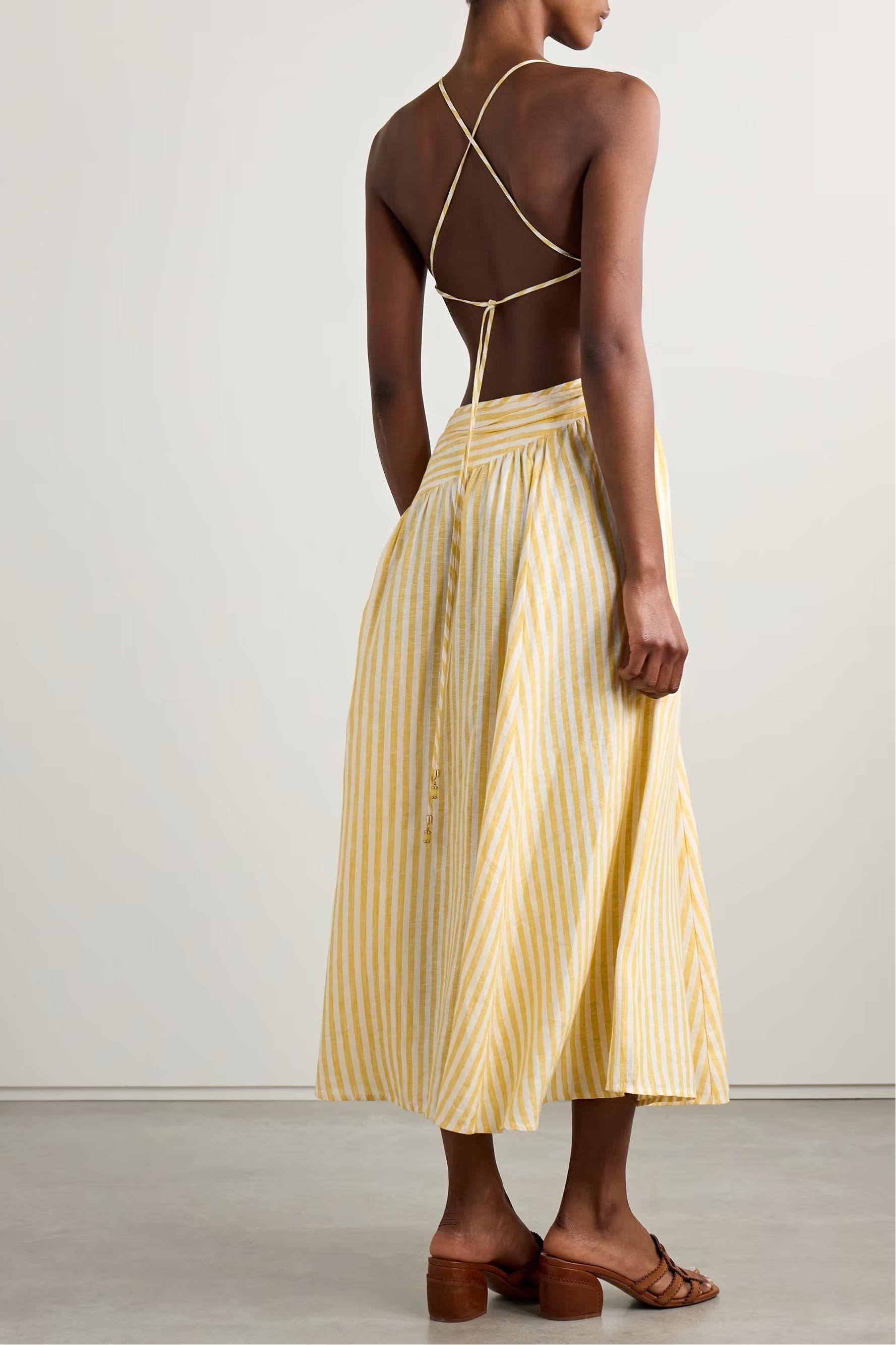 Cascadian Cutout Ruched Striped Midi Dress