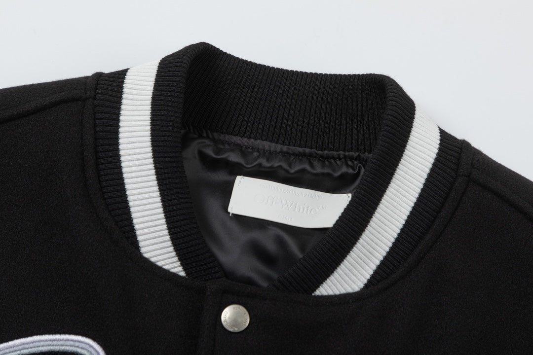 Off-White 2024 Fall/Winter new heavy embroidery patchwork leather varsity jacket in black, unisex