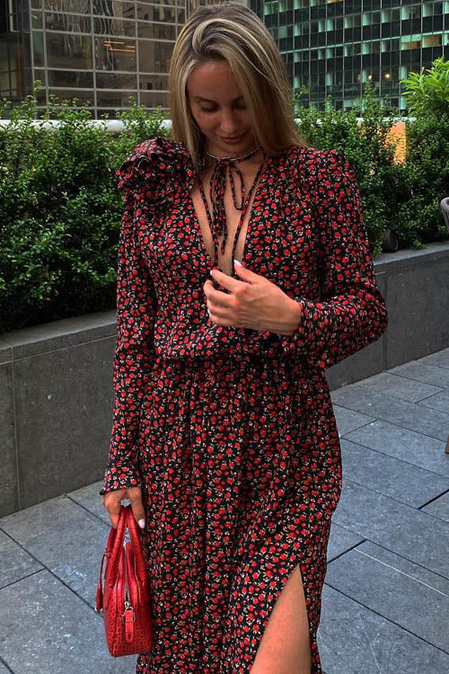 Bertha Flower V Neck Midi Dress