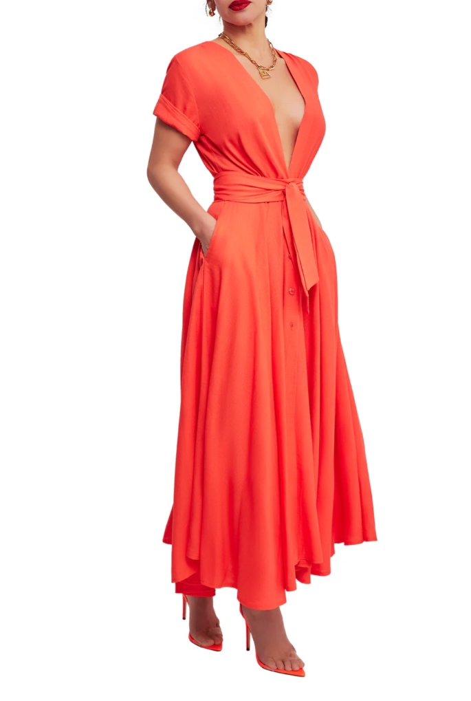 Orange Deep V Neck Button Maxi Dress