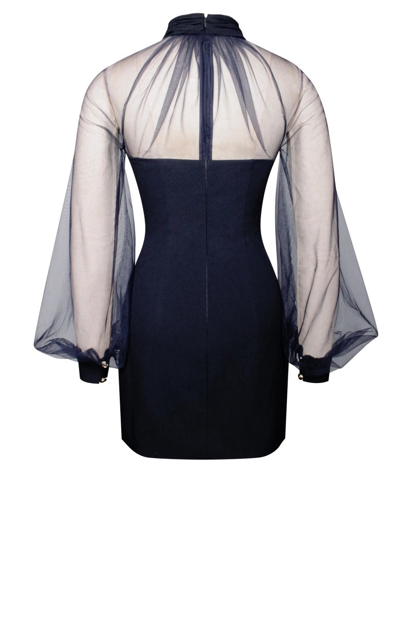 Tabitha Navy Blue Mesh Lantern Sleeve Mini Dress