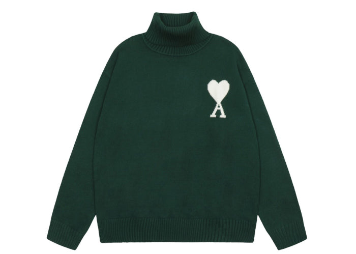 Am1 2024SS classic green jacquard big heart turtleneck sweater