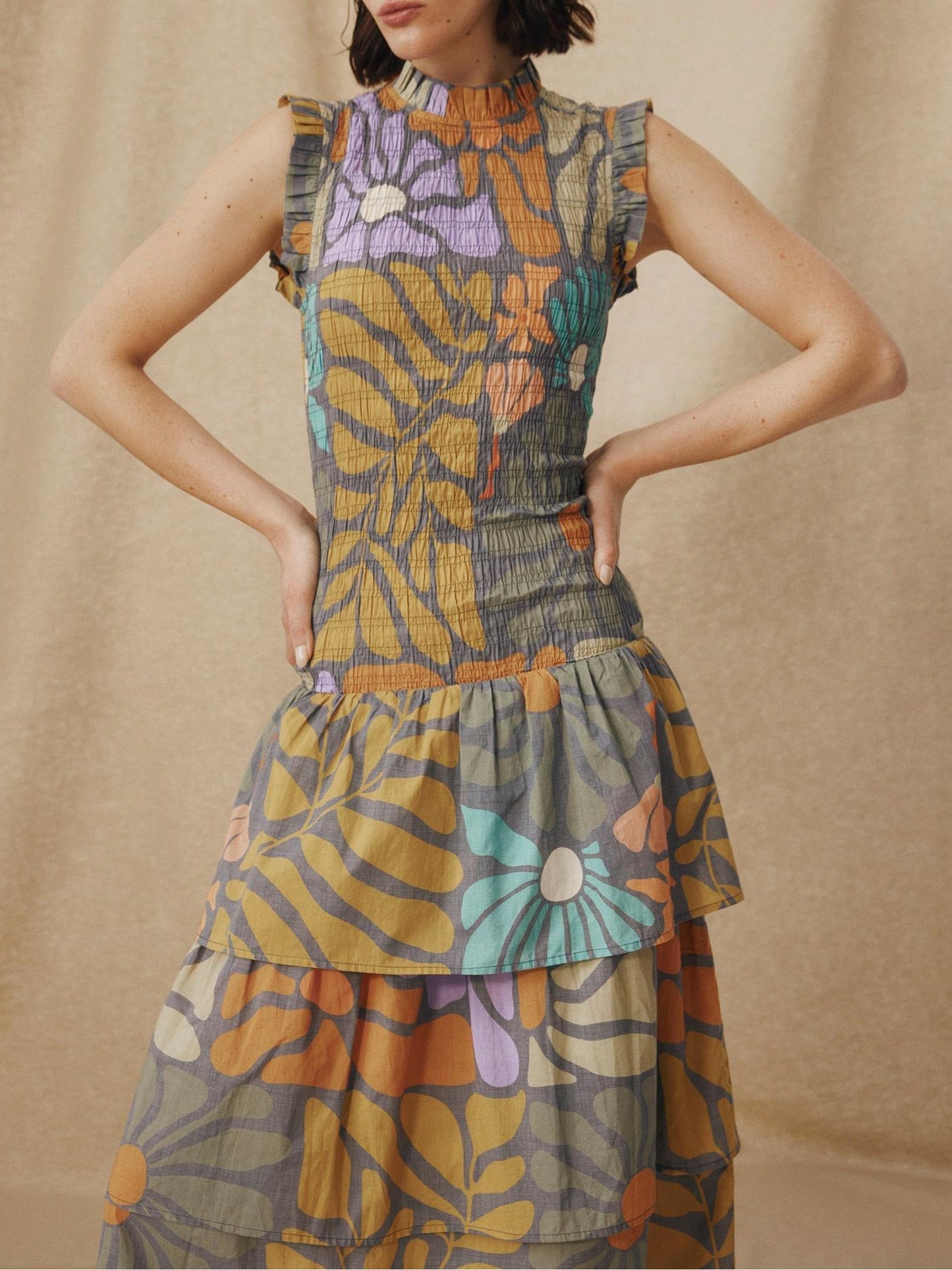 Multicolor Botanical Print Midi Dress