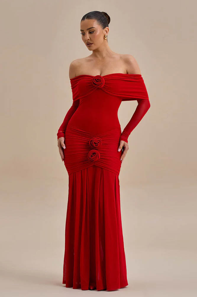 Off-Shoulder 3D Floral Bodycon Maxi Dress