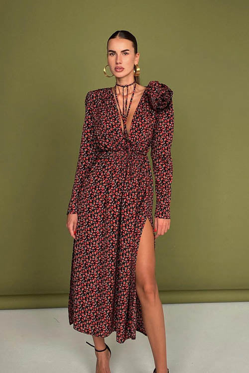 Bertha Flower V Neck Midi Dress