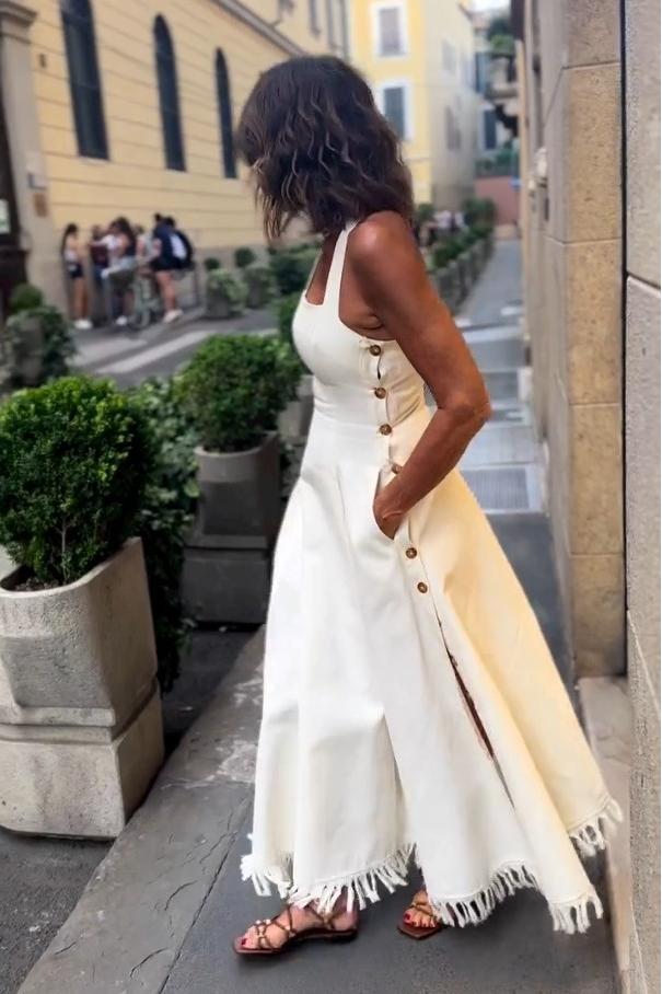 Boho Fringed White Maxi Dress with Pockets