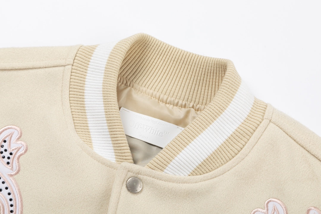 Off-White 2024 Fall/Winter new heavy embroidery patchwork leather varsity jacket in beige, unisex