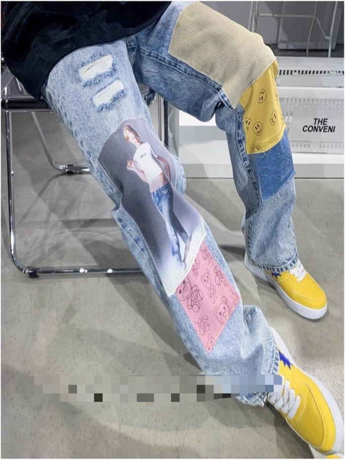 Drew Smiley Bear Patch Ripped Denim Trousers pants