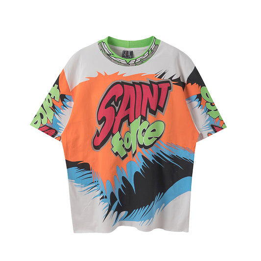 New arrival Retro racing style graffiti short-sleeved T-shirt ee