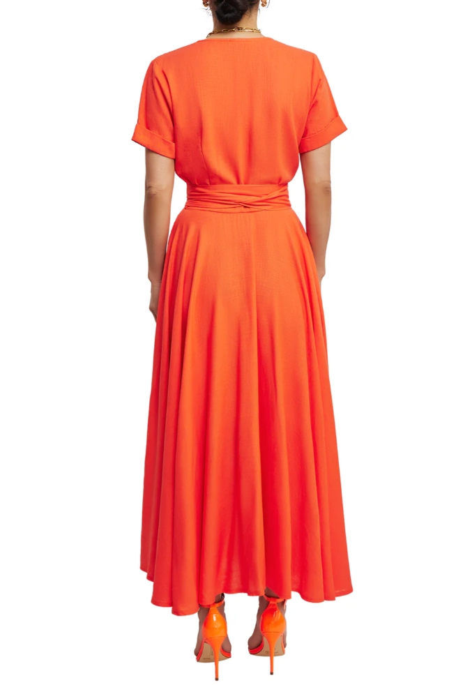 Orange Deep V Neck Button Maxi Dress
