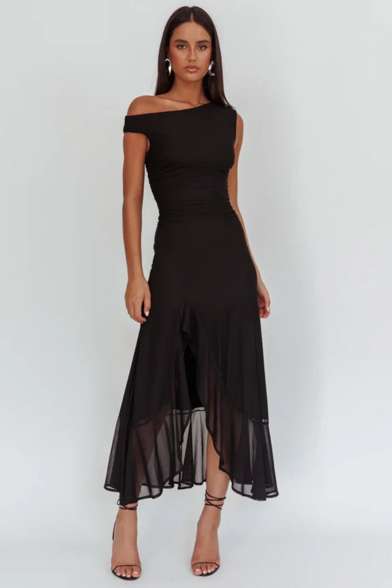 Moonlit Magic Asymmetric Neckline Maxi Dress