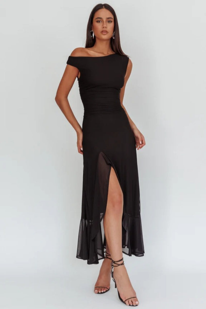 Moonlit Magic Asymmetric Neckline Maxi Dress