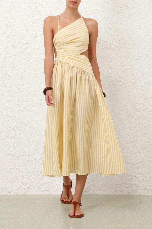 Cascadian Cutout Ruched Striped Midi Dress
