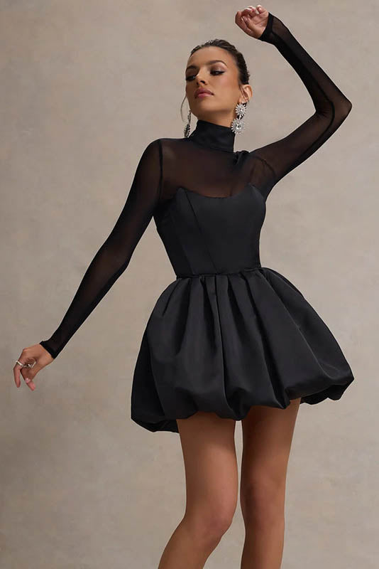 Winter Elegant Mesh Sheer Slim Fit Puff Mini Dress