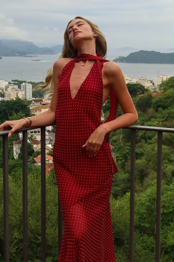 Polka Dot Halter Colorblock Dress