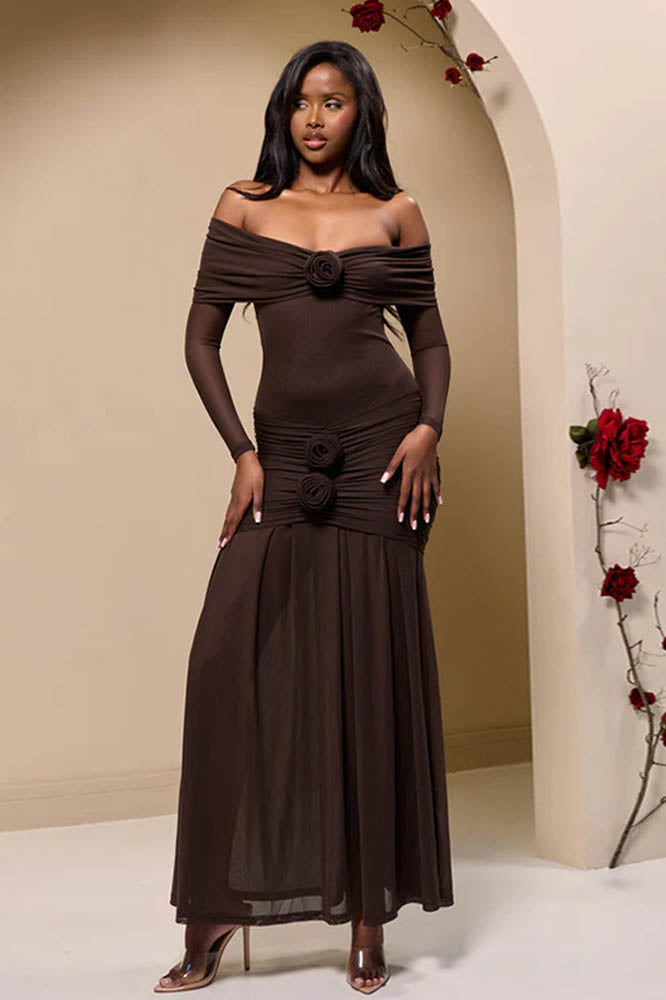Off-Shoulder 3D Floral Bodycon Maxi Dress