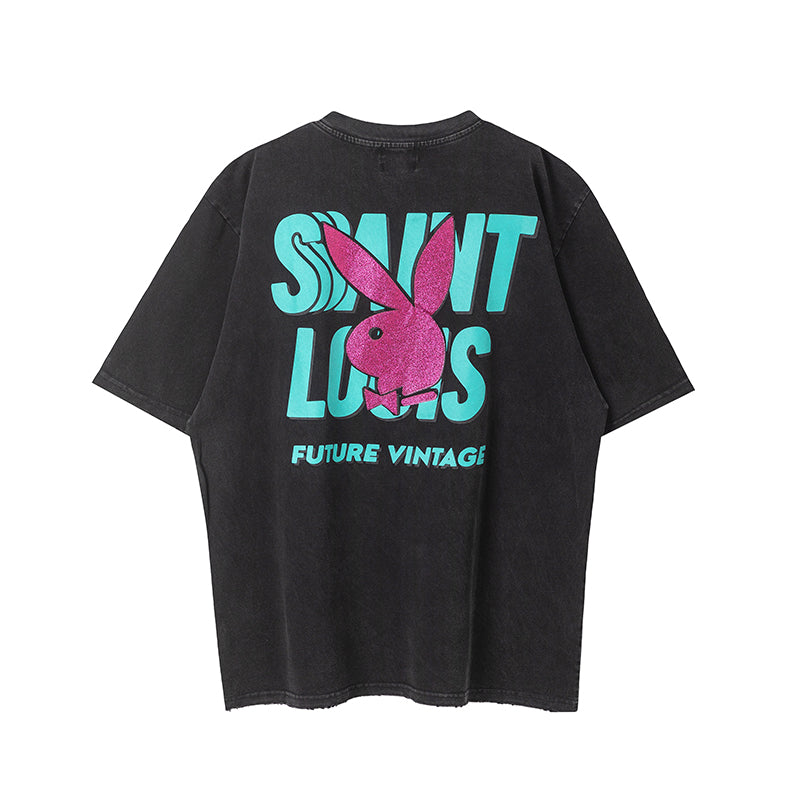 SSSAINT x PLAYBOY Lips logo water-washed grey lip-print short-sleeved T-shirt