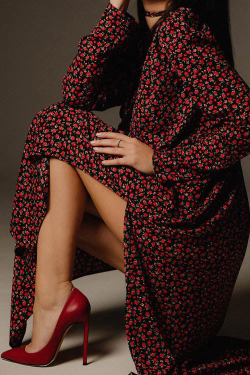 Bertha Flower V Neck Midi Dress