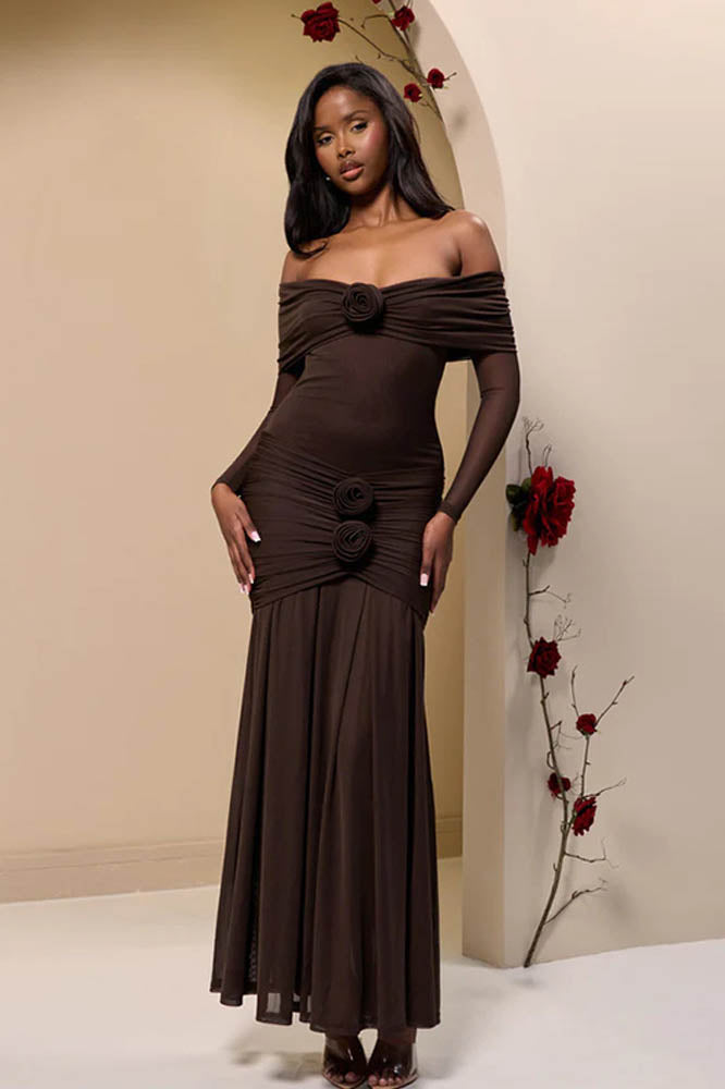 Off-Shoulder 3D Floral Bodycon Maxi Dress