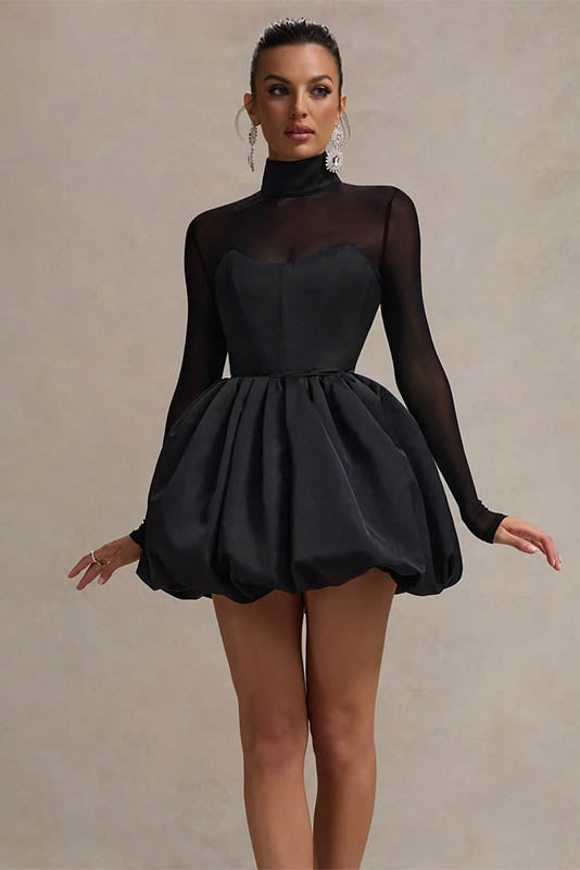Winter Elegant Mesh Sheer Slim Fit Puff Mini Dress