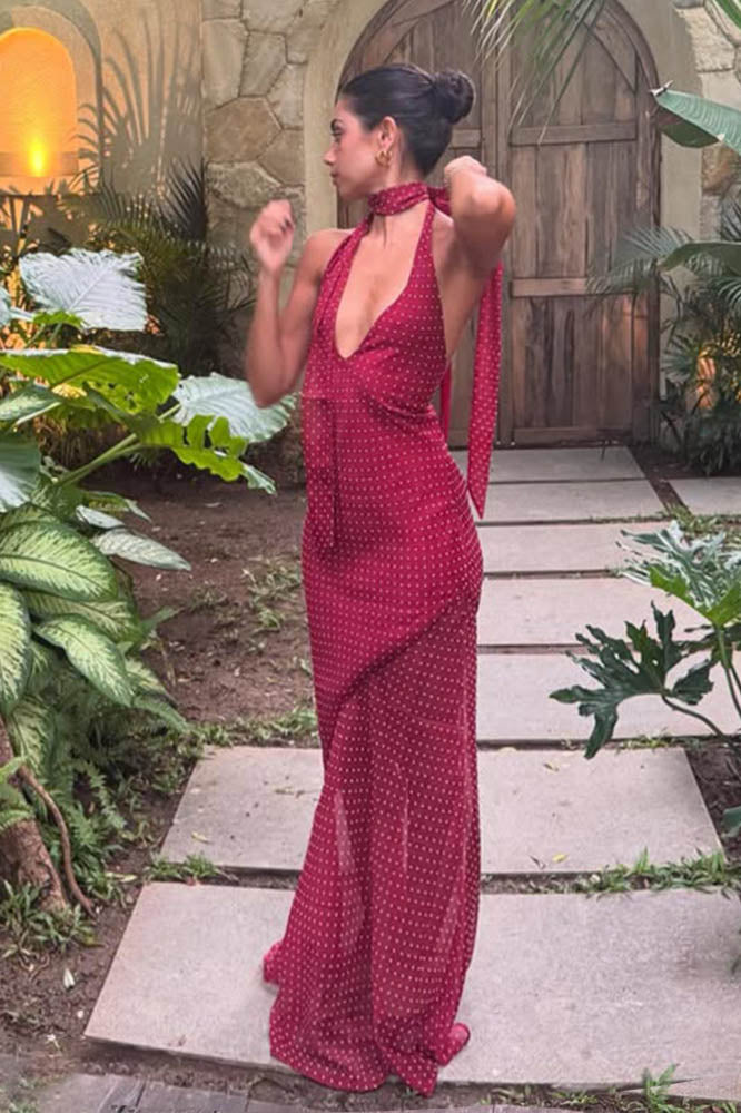 Polka Dot Halter Colorblock Dress