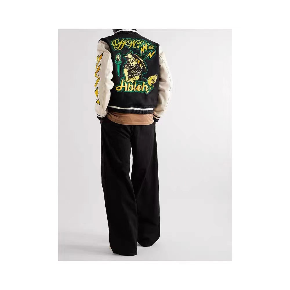 OW22FW multi-icon badge wool woolen stitching jacket thickened cotton baseball uniform jacket
