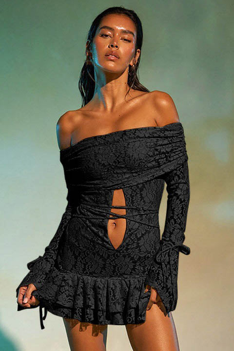 Elegant Ruffled Jacquard Off-Shoulder Mini Dress