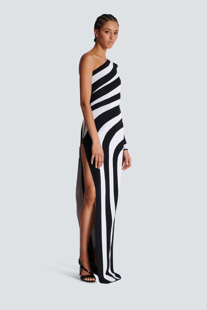 Alizea One Shoulder Slit Asymmetrical Striped Maxi Dress