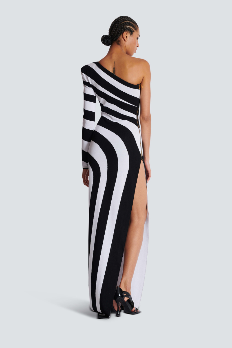 Alizea One Shoulder Slit Asymmetrical Striped Maxi Dress