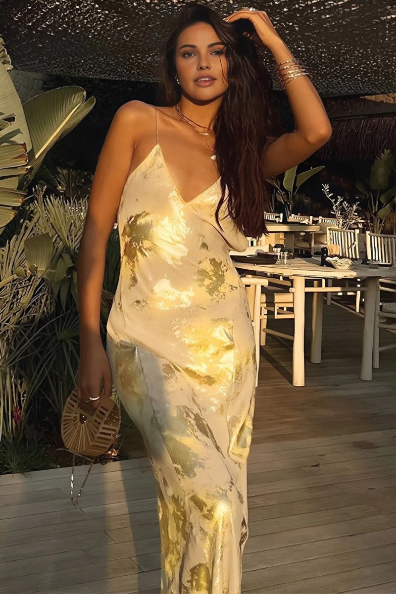 Golden Backless Night Out Resort Sleeveless Maxi Dress