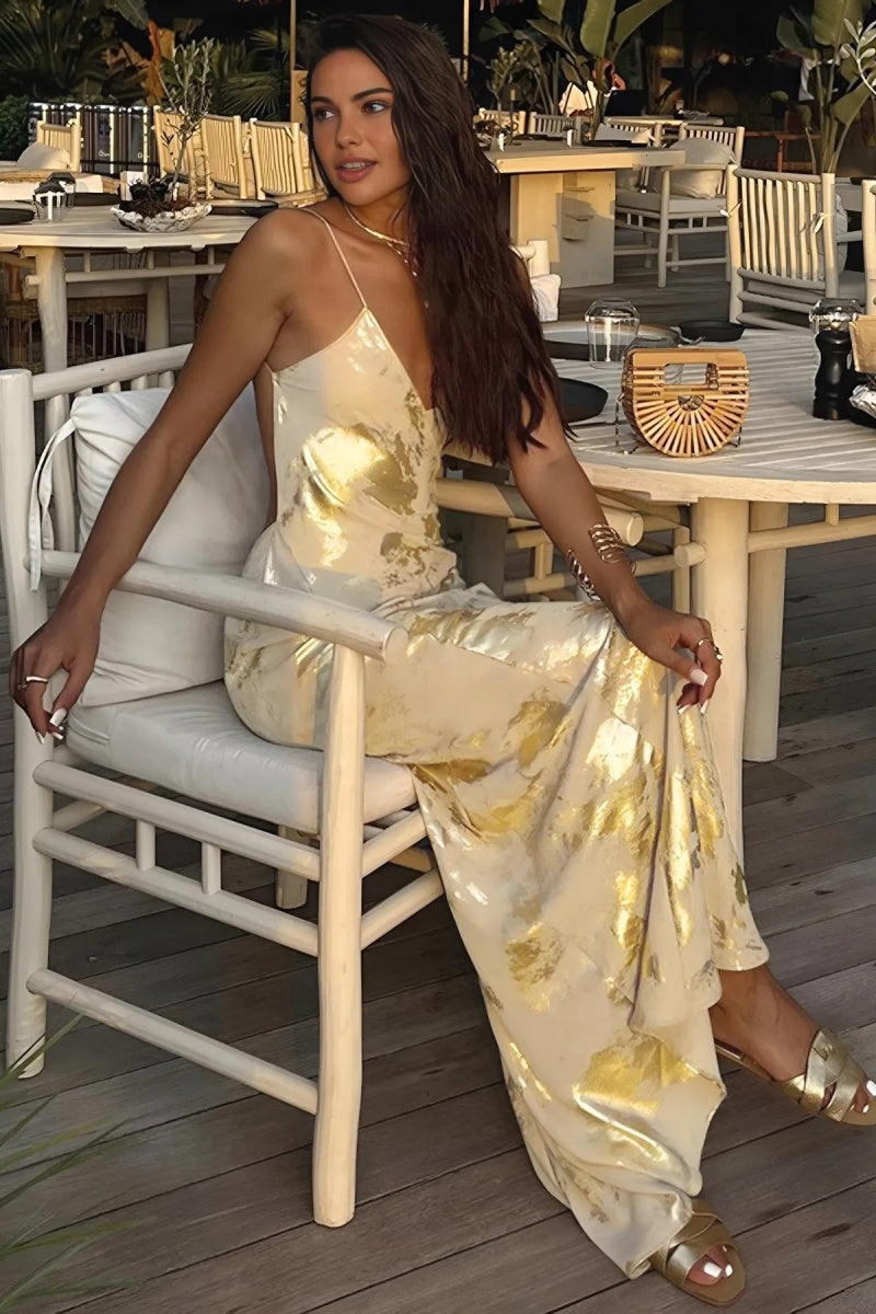 Golden Backless Night Out Resort Sleeveless Maxi Dress