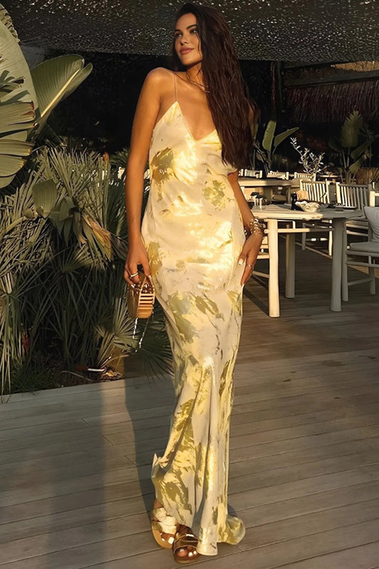 Golden Backless Night Out Resort Sleeveless Maxi Dress